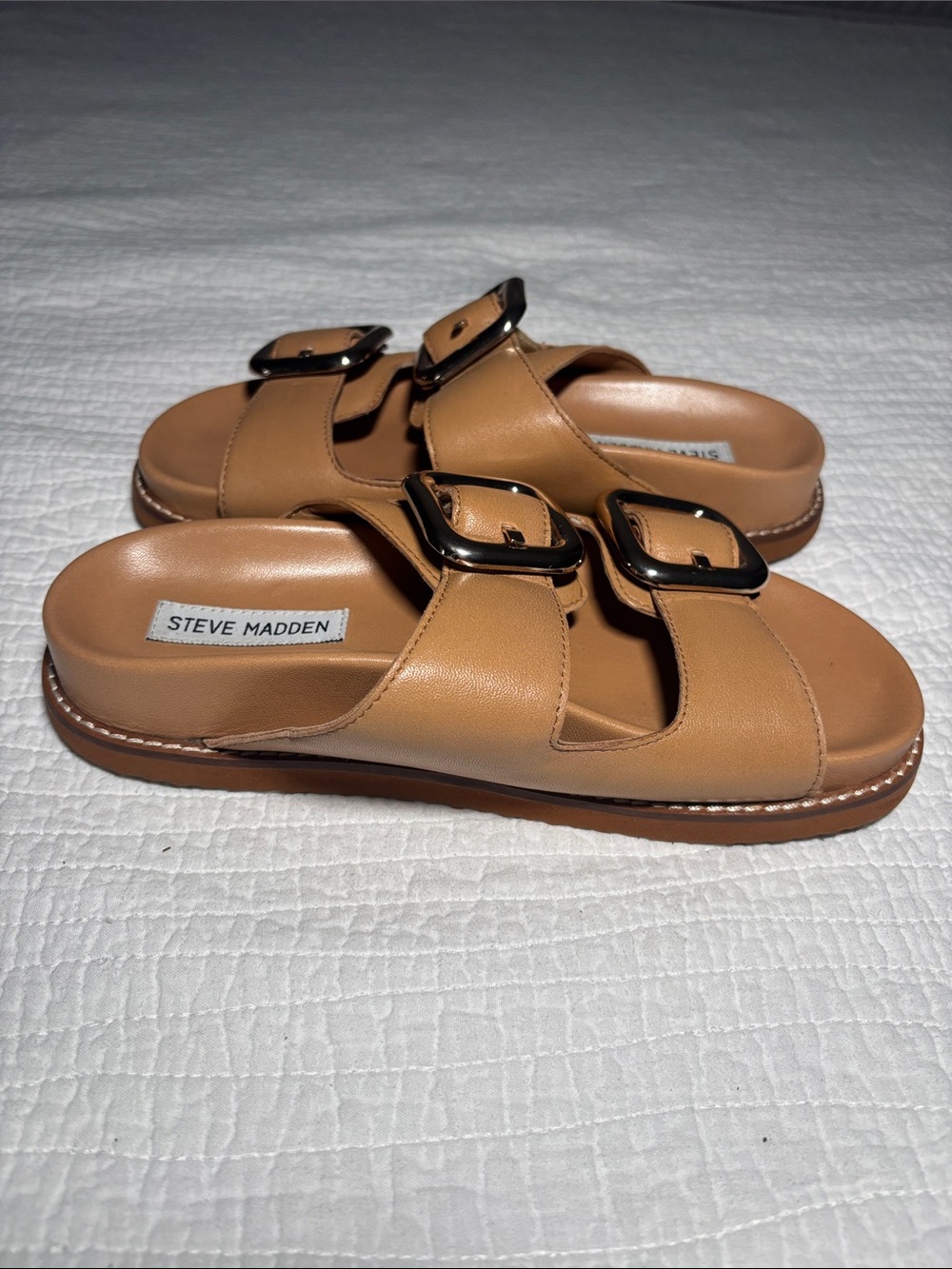 Steve Madden Cognac Double-Buckle Slide Sandals - Picture 8 of 9